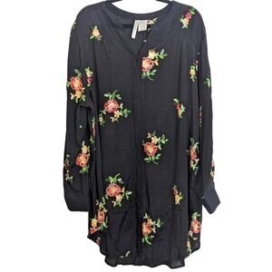 NWOT Colorful Floral Embroidered Black Semi Sheer Shirt Dress Tunic 2X